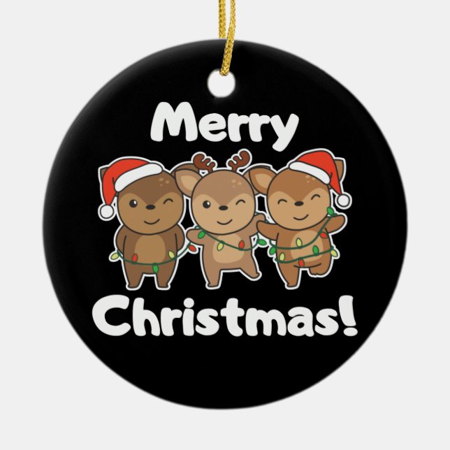 Deer Christmas Animals Cute Deer Merry Christmas Ceramic Ornament (Front)