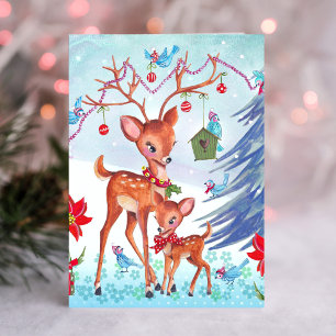 Deer Christmas Birds Holiday Greeting card