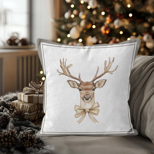 Deer Christmas Festive Holiday  Cushion (Deer with Bow Country Christmas Pillow)