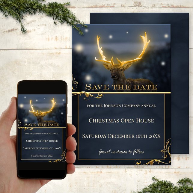 Deer Christmas Open House Save the Date Card (Save the Date Christmas invitation, showing a stylized glow-in-the-dark deer on blue sparkle lights)