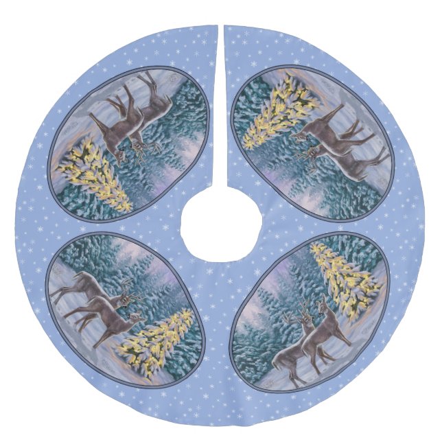 Deer & Christmas Tree Snowflakes Brushed Polyester Tree Skirt (Front)