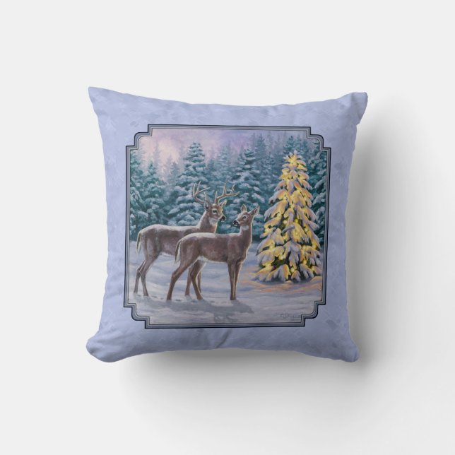 Deer & Christmas Tree Winter Blue Cushion (Front)