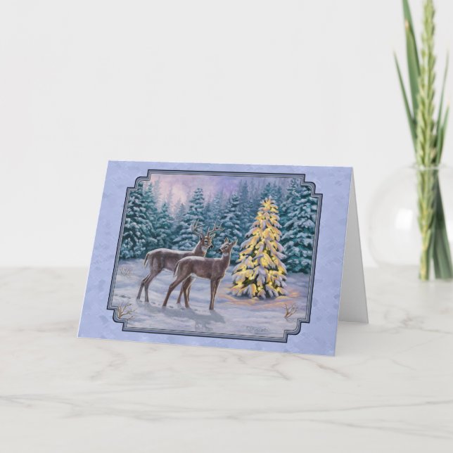 Deer & Christmas Tree Winter Blue Holiday Card (Front)
