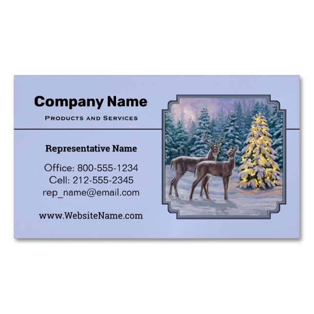 Deer & Christmas Tree Winter Blue Magnetic Business Card (Front)