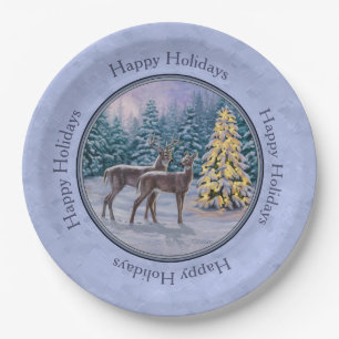 Deer & Christmas Tree Winter Blue Paper Plate