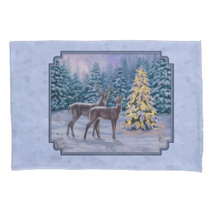 Deer & Christmas Tree Winter Blue Pillowcase