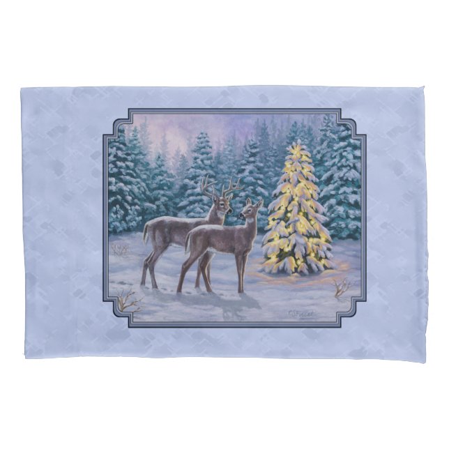 Deer & Christmas Tree Winter Blue Pillowcase (Front-Left)
