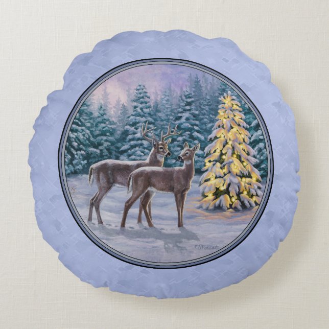Deer & Christmas Tree Winter Blue Round Cushion (Front)