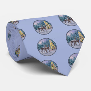 Deer & Christmas Tree Winter Blue Tie