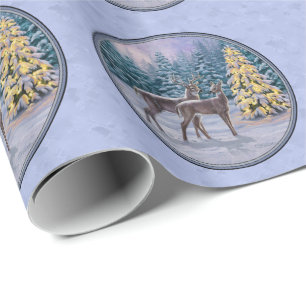 Deer & Christmas Tree Winter Blue Wrapping Paper