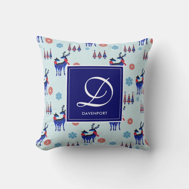 Deer, Christmas Trees, & Snowflakes with Monogram Cushion (Front)