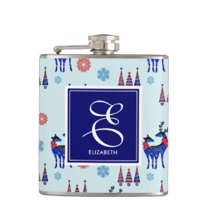 Deer, Christmas Trees, & Snowflakes with Monogram Hip Flask