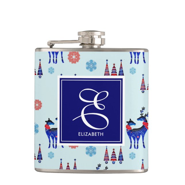 Deer, Christmas Trees, & Snowflakes with Monogram Hip Flask (Front)