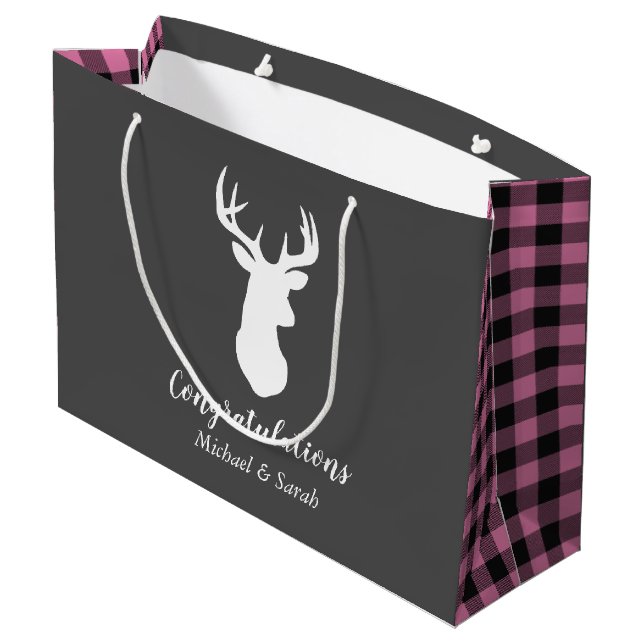 Deer Country Baby Shower Girl Pink Plaid Large Gift Bag (Back Angled)