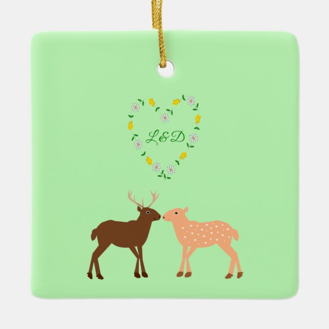 Deer Couple and Daisy Heart Custom Ceramic Ornament (Front)