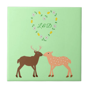 Deer Couple and Daisy Heart Custom Ceramic Tile