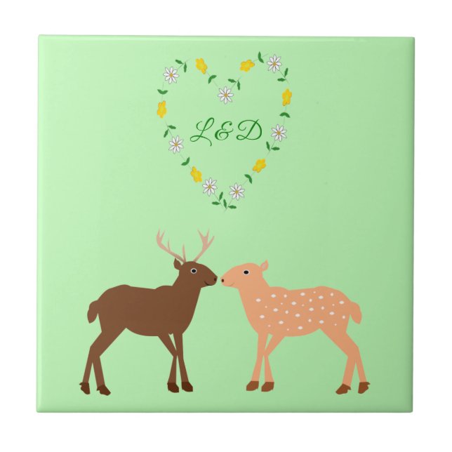 Deer Couple and Daisy Heart Custom Ceramic Tile (Front)