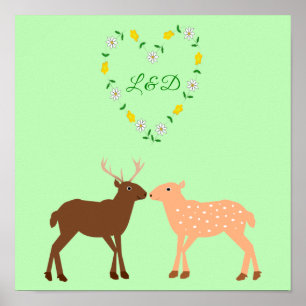 Deer Couple and Daisy Heart Custom Poster