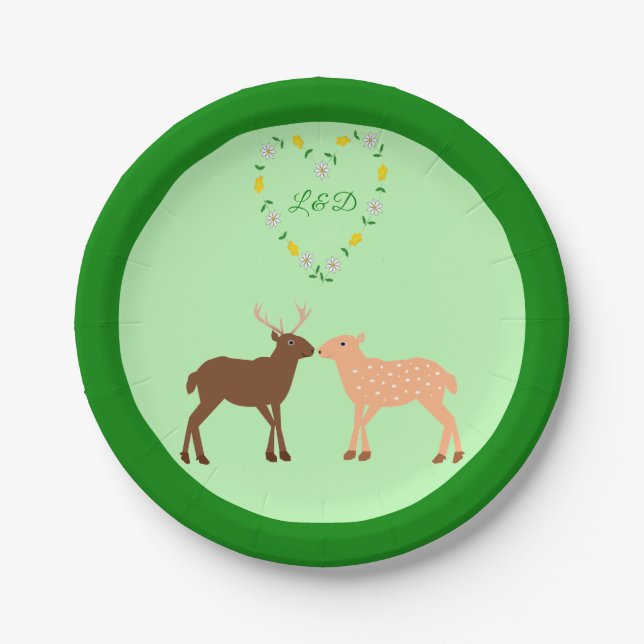 Deer Couple and Daisy Heart Custom Wedding Paper Plate (Front)