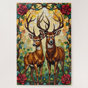 Deer Couple Art Nouveau Stained Glass Arch Jigsaw Puzzle