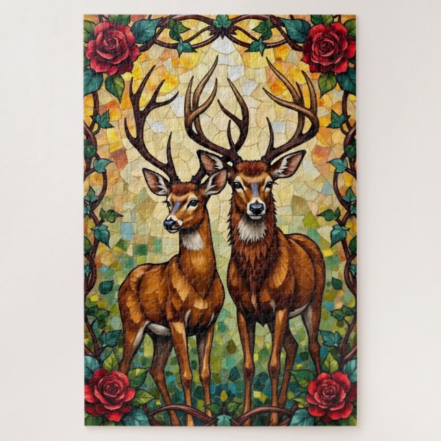 Deer Couple Art Nouveau Stained Glass Arch Jigsaw Puzzle (Vertical)