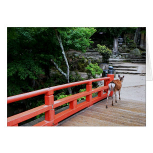 Deer crossing a red Japanese bridge