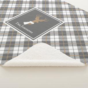 Deer Design Gold & Grey Plaid Personalised Sherpa Blanket