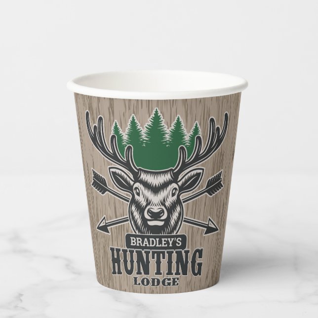 Deer Elk Hunter ADD NAME Bow Hunting Lodge Cabin  Paper Cups (Front)