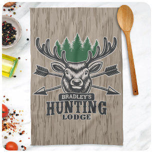 Deer Elk Hunter ADD NAME Bow Hunting Lodge Cabin Tea Towel
