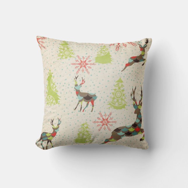 Deer, Evergreen Trees, and Snowflakes Throw Pillow (Front)