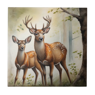 Deer Family In Forest Clearing Wildlife Ceramic Tile