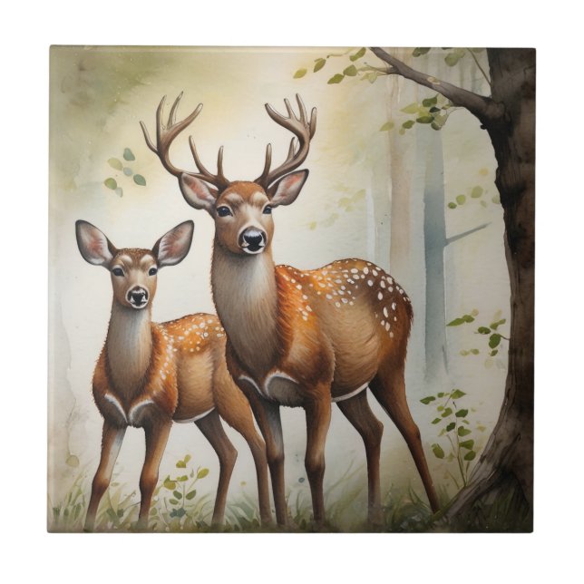 Deer Family In Forest Clearing Wildlife Ceramic Tile (Front)