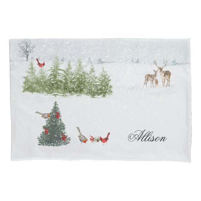 Deer Family - Winter Nature Landscape Wedding Pillowcase (Front)