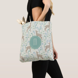 Deer Fawn and Flowers Monogram Tote Bag