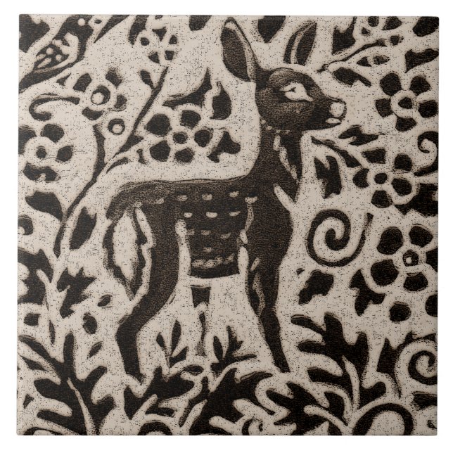 Deer Fawn Batik Stoneware Woodland Animal Tan Grey Ceramic Tile (Front)