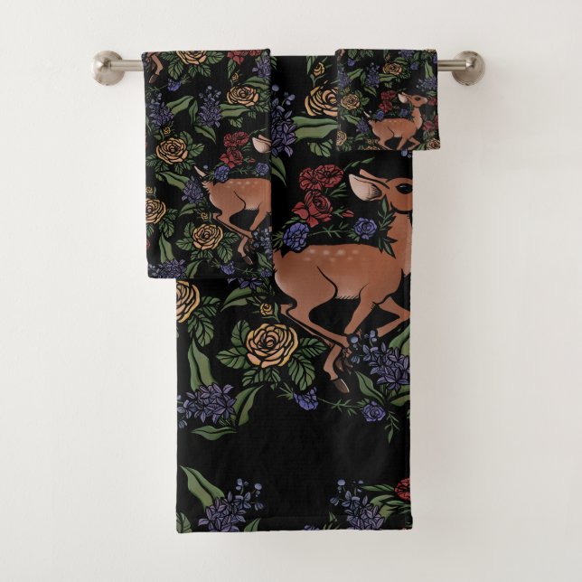 Deer Fawn Floral Pattern Bath Towel Set (Insitu)