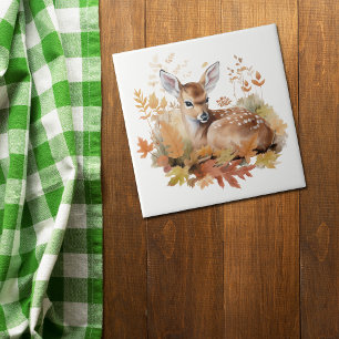 Deer Fawn in Autumn Leaves Ceramic Tile