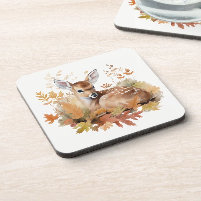 Deer Fawn in Autumn Leaves Coaster (Left Side)