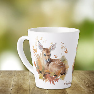 Deer Fawn in Autumn Leaves Latte Mug