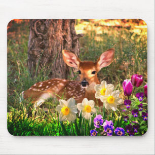 Deer Fawn in Forest with Tulips Mousepad