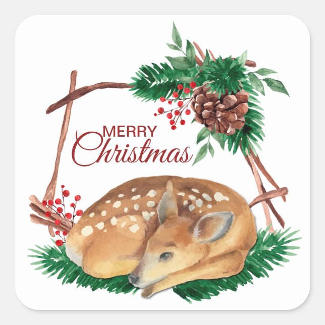 Deer Fawn in Rustic Wood Frame Christmas Square Sticker (Front)