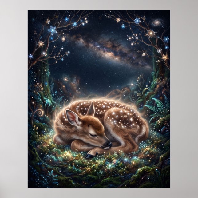 Deer Fawn Nebula Sleeping Star Moss Art Poster (Front)