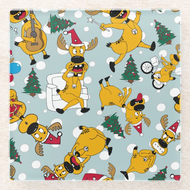 Deer Festive: Christmas Pattern Design Glass Coaster (Front)