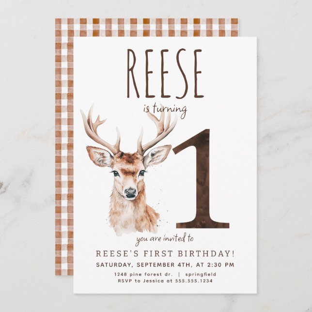 Deer First Birthday Invitation (Front/Back)