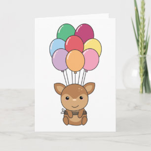 Deer Flies Up With Colourful Balloons Card