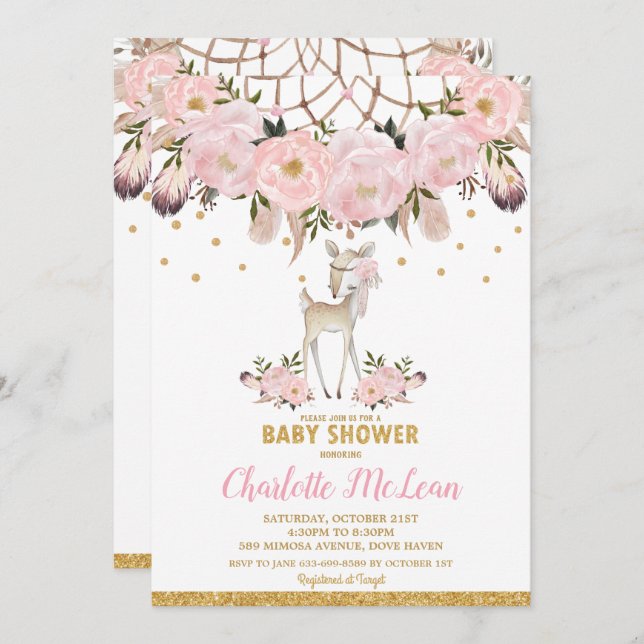 Deer Floral Dream Catcher Baby Shower Boho Girl Invitation (Front/Back)