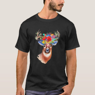 Deer Flower Floral Antlers Bohemian Art Deer Lover T-Shirt