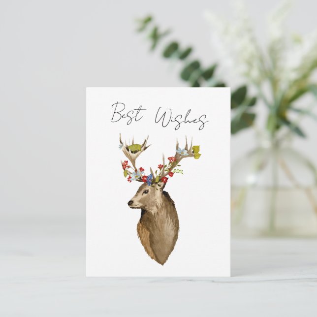 Deer flowers elegant simple botanical watercolor  postcard (Standing Front)