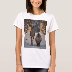Deer & Fluffy Cat in a Snowy Christmas Forest  T-Shirt