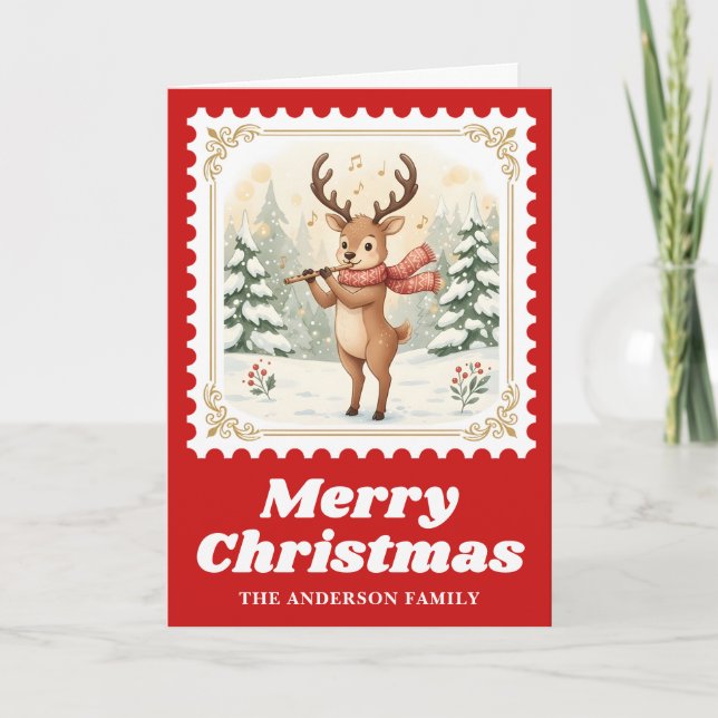 Deer Flute Retro Postage Stamp Christmas Music Holiday Card (Front)